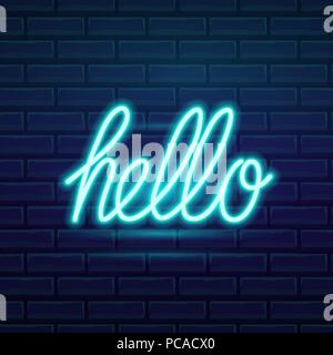 Set of fashion neon sign. Night bright signboard Hello, Glowing light banner. Summer logo, emblem. Club or bar on dark background. Editable vector. Stock Vector