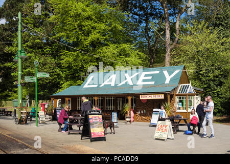 The cafe and booking office at Laxey station for electric railway with customers and passengers outside. Laxey, Isle of Man, British Isles Stock Photo