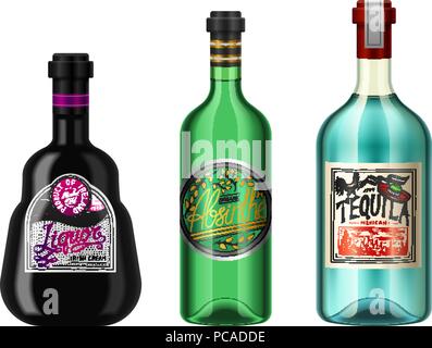 Alcohol drinks in a bottle with different vintage labels. Realistic Absent Liqueur Tequila. Vector illustration for the menu. logo engraved hand drawn. Stock Vector