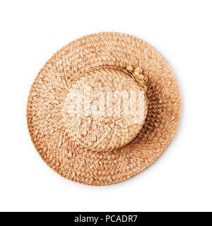 Straw hat with flower isolated on white background, single object with clipping path. Summer fashion woman. Flat lay, top view Stock Photo