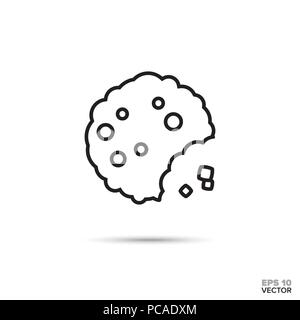 Bitten chocolate chip cookie with crumbles vector line icon. Sweet food symbol. Stock Vector