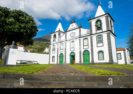 Paroquia de Sao Mateus church below Ponta do Pico, highest mountain of Portugal, Island of Pico, Azores, Portugal, Atlantic, Europe Stock Photo