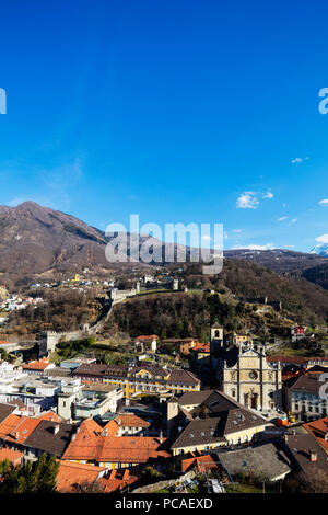 Castelgrande and La Collegiata church of St. Peter and Stephan, UNESCO World Heritage Site, Bellinzona, Ticino, Switzerland, Europe Stock Photo