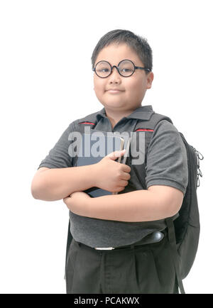 smart asian boy student holding book isolated on white background, back to school concept Stock Photo