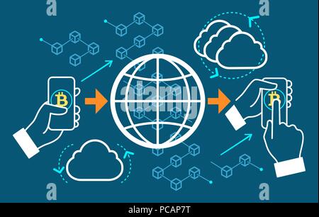 Cryptocurrency transfer technology. Bitcoin sending infographic, blockchain exchange send concept vector illustration Stock Vector