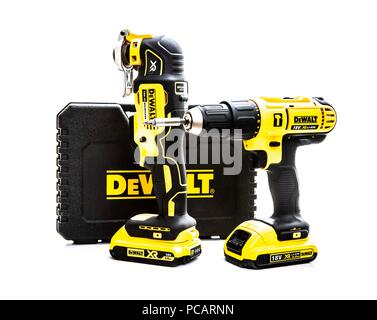 SWINDON, UK - JULY 31, 2018: DeWalt cordless power tools on a white background Stock Photo