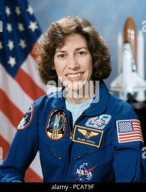 Portrait of NASA Astronaut Ellen Ochoa wearing a blue flight suit. Stock Photo