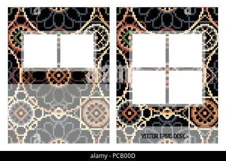 Template of the advertising booklet. Bright embroidery on black background. Vector illustration. Stock Vector