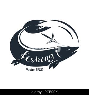 Fish with harpoon for fishing. Black and white is a simple vector illustration. Lettering. Stock Vector