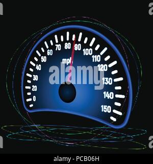 The speedometer of the car. Mile per hour. Speed measurement. Vector illustration. Blue glow. Stock Vector