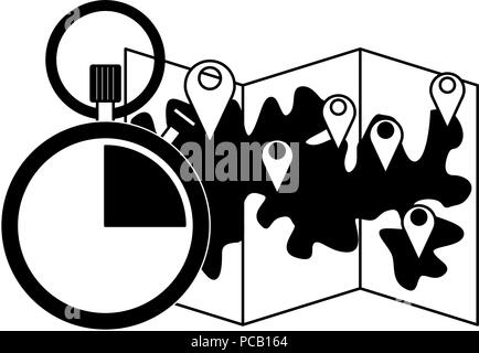 Map and timer symbol in black and white Stock Vector