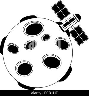 Satellite flying around meteor in black and white Stock Vector