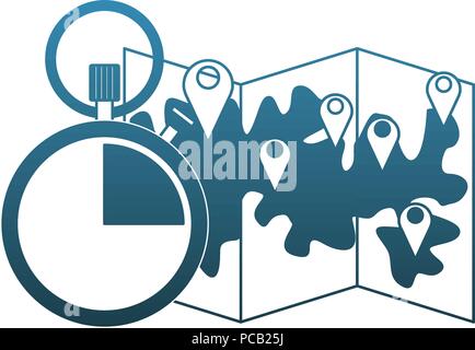 Map and timer symbol blue lines Stock Vector