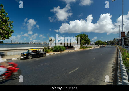 View of Marine Drive the Queen's Necklace, Mumbai on a clear day in morning with beautiful clouds and blue sky with nice visibility,India. Stock Photo