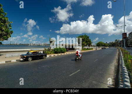 View of Marine Drive the Queen's Necklace, Mumbai on a clear day in morning with beautiful clouds and blue sky with nice visibility,India. Stock Photo