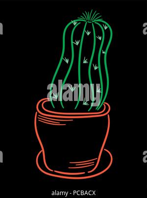 Neon line drawing of a Cactus. Cactus in a pot. Houseplant. Gardening. Black. Vector Stock Vector