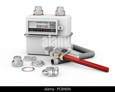 3d illustration of gas meter with tools isolated white. Stock Photo