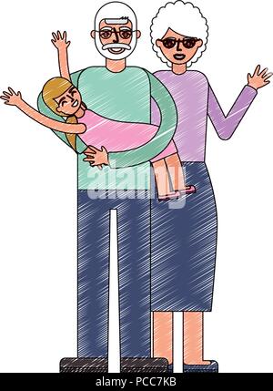 grandparents playing with her granddaughter vector illustration drawing Stock Vector