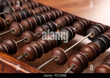 big antique abacus on a wooden table close up Stock Photo