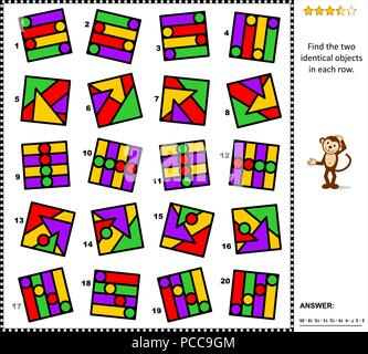 IQ and spatial skills training abstract visual puzzle: Find the two identical objects in each row. Answer included. Stock Vector