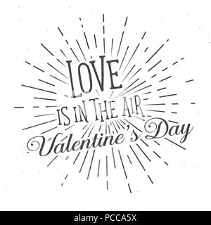 Love is in the Air text and lettering. Vector Illustration. For greeting card, flyer, poster logo with text lettering, light rays of burst. Stock Vector