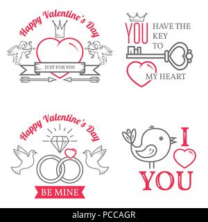 Set of Valentine's Day greetings card. Thin line celebration elements icon. Vector illustration. Set of Valentine's Day typography design. Stock Vector