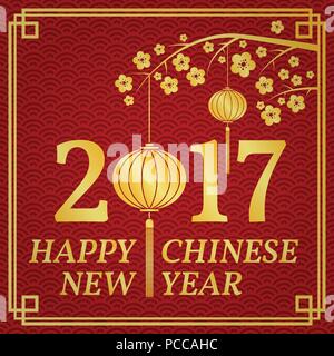 Happy Chinese New Year 2017 typography with Chinese lanterns. Vector illustration. Stock Vector