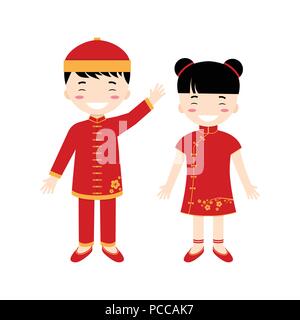 Chinese children - boy and girl isolated on the white background. Vector illustration. Stock Vector