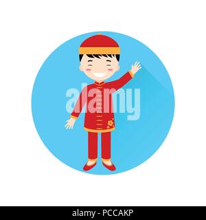Chinese Boy flat icon on the blue circle with long shadow. Vector illustration. For web and mobile, modern minimalist flat design. Chinese new year de Stock Vector