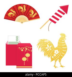 Set of Chinese new year design elements. Vector illustration. Set include gold rooster, red envelope, Chinese lantern with cherry and firework red roc Stock Vector