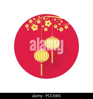 Chinese lantern and cherry blossom flat icon. Vector illustration. Chinese new year design elements. Stock Vector