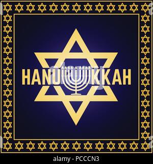 Happy Hanukkah greeting card. Typography design. Candlestick with nine candles. Vector illustration. Card with text and Hanukkah menorah. Concept for  Stock Vector