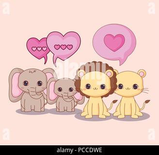 kawaii couples of elephants and lions with speech bubbles with hearts over pink background, colorful design. vector illustration Stock Vector