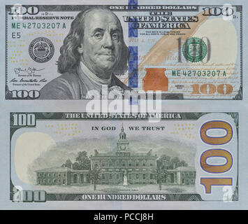 Image of the new one hundred dollar bill front and back for illustrative use only. Concept of economy and American currency. Stock Photo