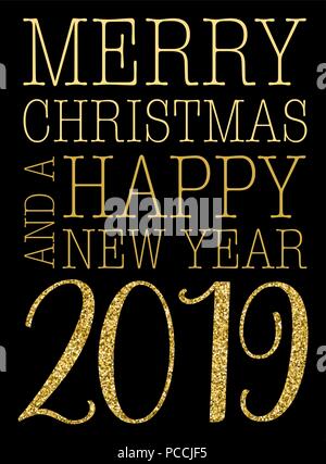 merry christmas and new year 2019 gold giltter vector illustration on black background greeting card concept Stock Vector