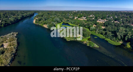 Panoramic aerial view of the American River and surrounding communities in Sacramento, California, USA. Stock Photo