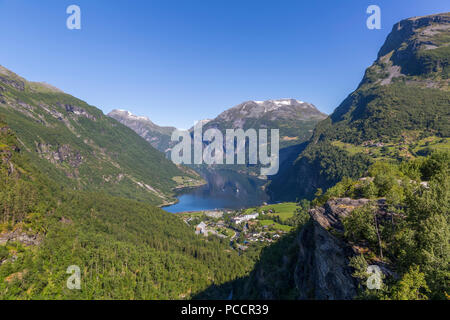 Beautiful view of Geiranger fjord and valley from Flydalsjuvet Rock Stock Photo