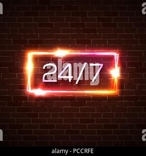 Open 24 7 hours neon light sign on brick background. 24 hours night club bar neon sign on street wall. Red pink yellow signboard 24 7 open time. 3d realistic color vector illustration in 80s style. Stock Vector