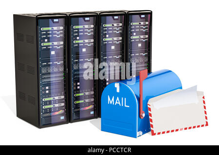 Computer Servers with mailbox and envelope concept, 3D rendering isolated on white background Stock Photo
