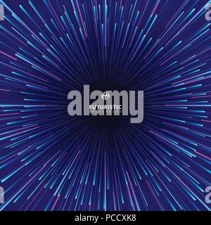 Abstract futuristic technology geometric circular geometric centric motion pattern. Radial dynamic lines ray colorful on dark background. Vector illus Stock Vector