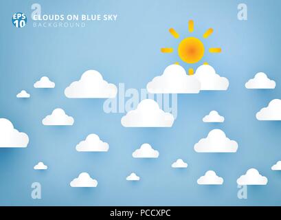 Sun and white clouds on pastel blue sky background design paper art and handicraft with copy space. Vector illustration Stock Vector