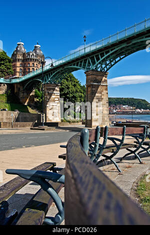 The Grand Hotel sits at the end of Scarborough’s Spa Bridge, overlooking the Castle headland and South Bay. Stock Photo