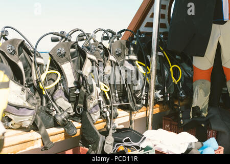 Diving equipment on board the boat close up Stock Photo