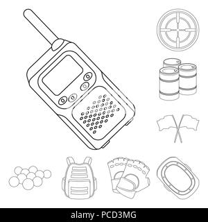 Paintball, team game outline icons in set collection for design. Equipment and outfit vector symbol stock  illustration. Stock Vector