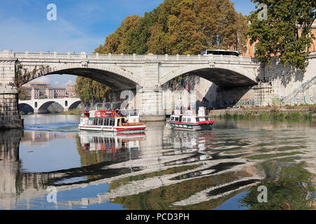Excursion boat on Tiber River at Ponte Mazzini (Ponte Giuseppe Mazzini), Rome, Lazio, Italy, Europe