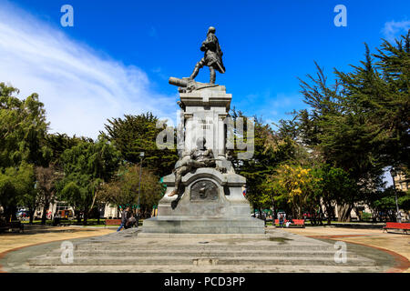 Magellan Monument, Plaza de Armas (Plaza Munoz Gamero), sunny day, Punta Arenas, Chile, South America Stock Photo