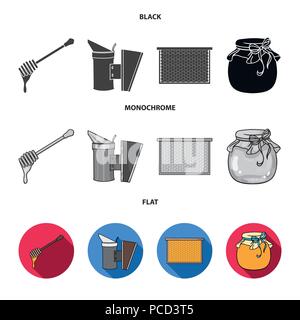 A frame with honeycombs, a ladle of honey, a fumigator from bees, a jar of honey.Apiary set collection icons in black, flat, monochrome style vector s Stock Vector