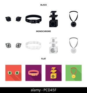 Cat eyes, a collar, a house for a cat, a medal on a ribbon.Cat set collection icons in black, flat, monochrome style vector symbol stock illustration  Stock Vector