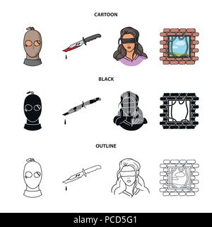 A thief in a mask, a bloody knife, a hostage, an escape from prison.Crime set collection icons in cartoon,black,outline style vector symbol stock illu Stock Vector