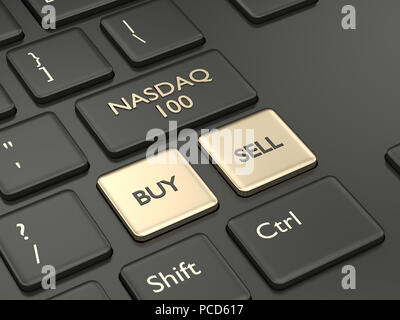 3d render closeup of computer keyboard with NASDAQ 100 index button. Stock market indexes concept. Stock Photo